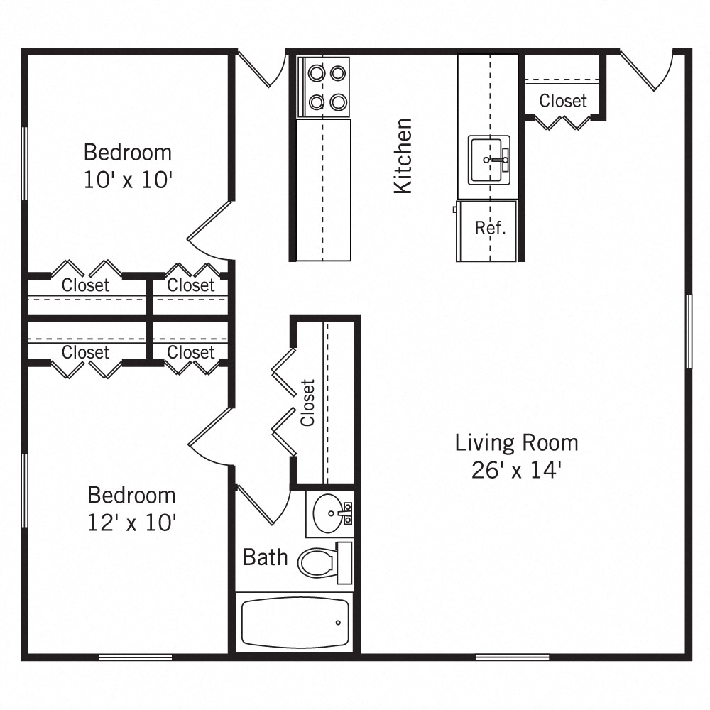 Floor plan for 2 beds, 1 bath, 950 sqft